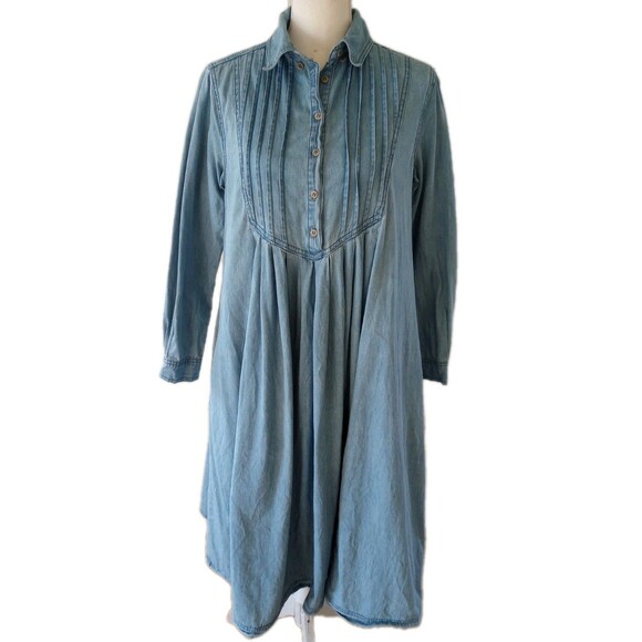 April Cornell Dress Small Denim Pintuck Prairie Boho Peasant Cottage Pockets - Picture 2 of 9